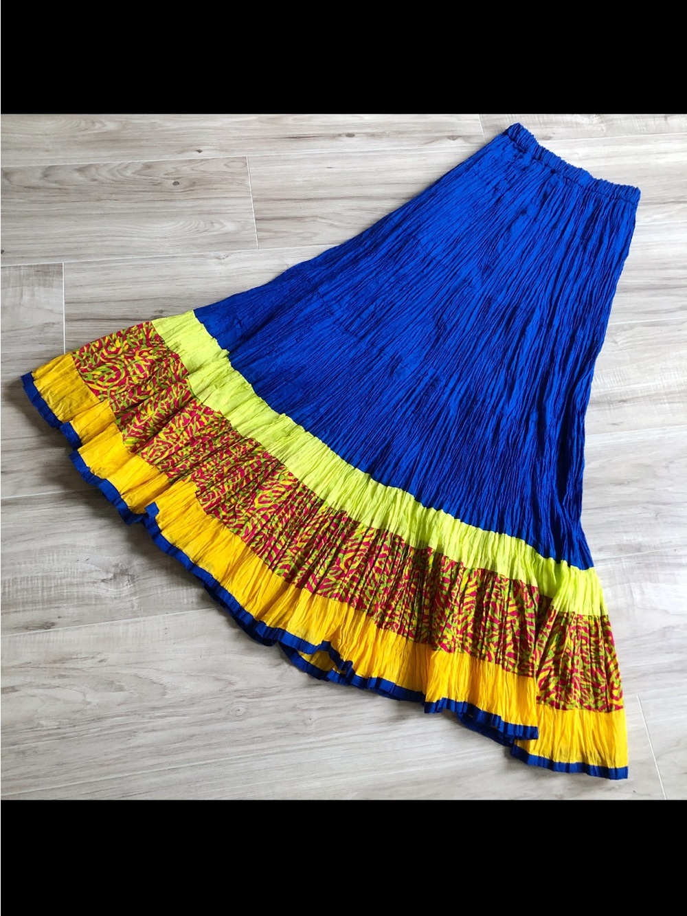 ✨ Vintage Y2K Cobalt Blue Tiered Cotton Gauze Maxi Skirt Colorblock Boho XS/S
